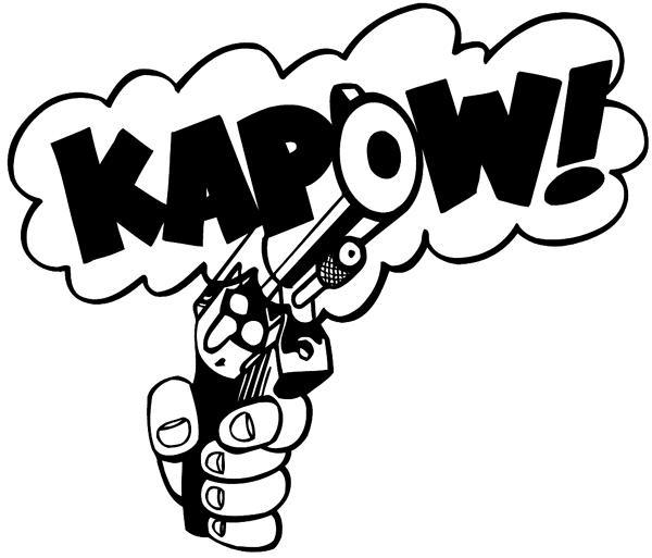 Hand gun 'kapow' vinyl sticker. Customize on line. Wars and Terrorism 097-0184